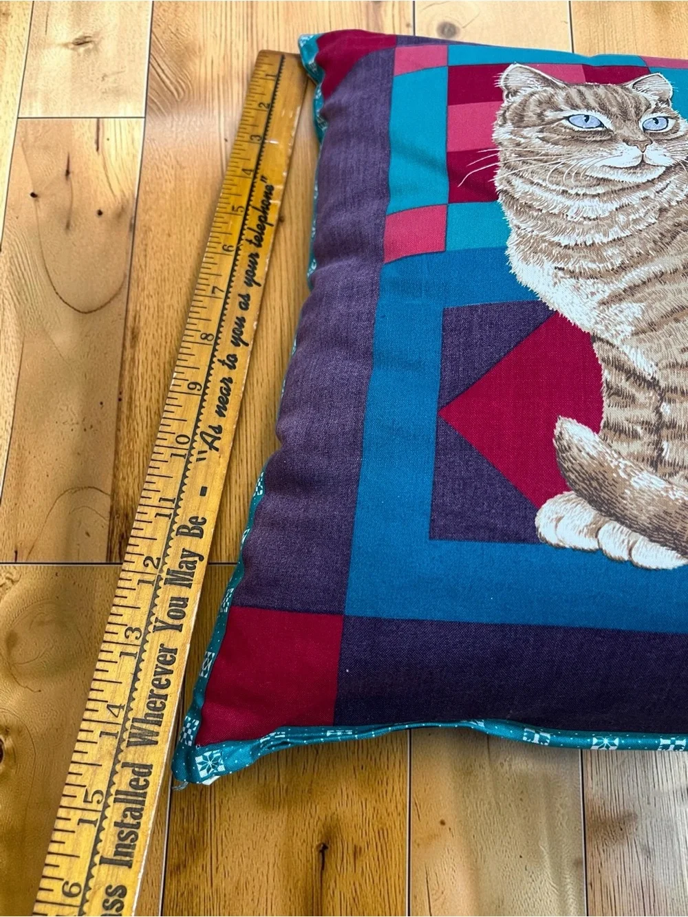 Vintage 90s Cat Throw Pillow Blue Eyed Tabby Patchwork Cottagecore